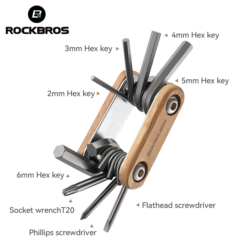 ROCKBROS Lightweight Bike Multi Tool Alloyed Titanium Plating Wooden Bicycle Repair Tool Kit Set 8 in 1 MTB Road Bike Allen Key Cycling Equipment ราคา 174 บาท*ส่งฟรี
