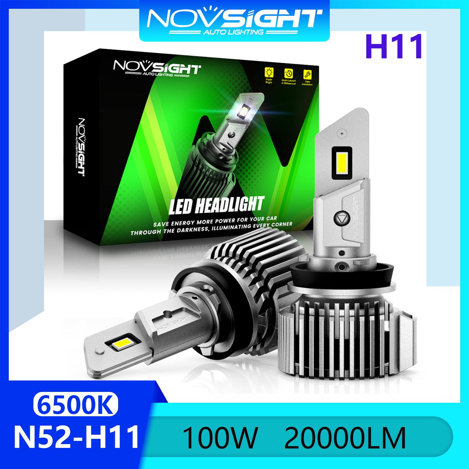 Novsight N52 H11 Bộ bóng đèn pha LED 6500K Đèn LED siêu sáng trắng cho xe ô tô Chùm sáng cao / Chùm sáng thấp 100W 20000LM Cắm và chạy Trong kho 2 miếng Bảo hành 2 năm Miễn phí vận chuyển