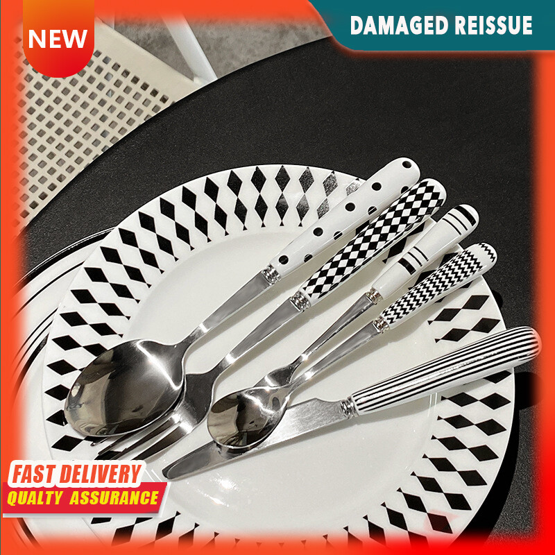 Gambar Hepburn Style Ins Niche Wave Point Ceramic Handle Stainless Steel Fork Spoon Set Portable Western Breakfast Dessert Tableware