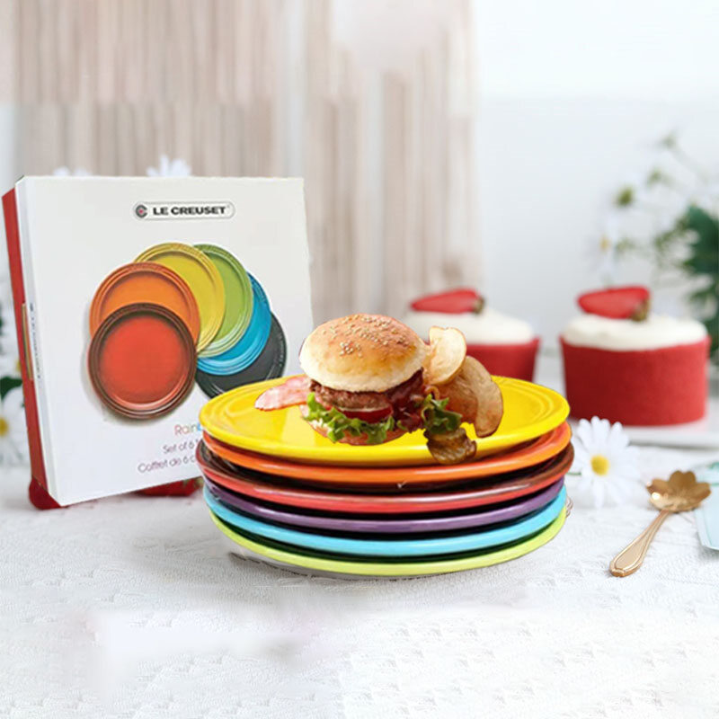 Gambar Le Creuset Rainbow Plate  Stoneware Tokyo Round Plate 23cm set of 6 tea plates Bread Plates Dessert Plates Dinner Plates Salad Plates Sushi Plates?Nordic Japanese wide sided round plate ceramic dish dessert flat plate??????