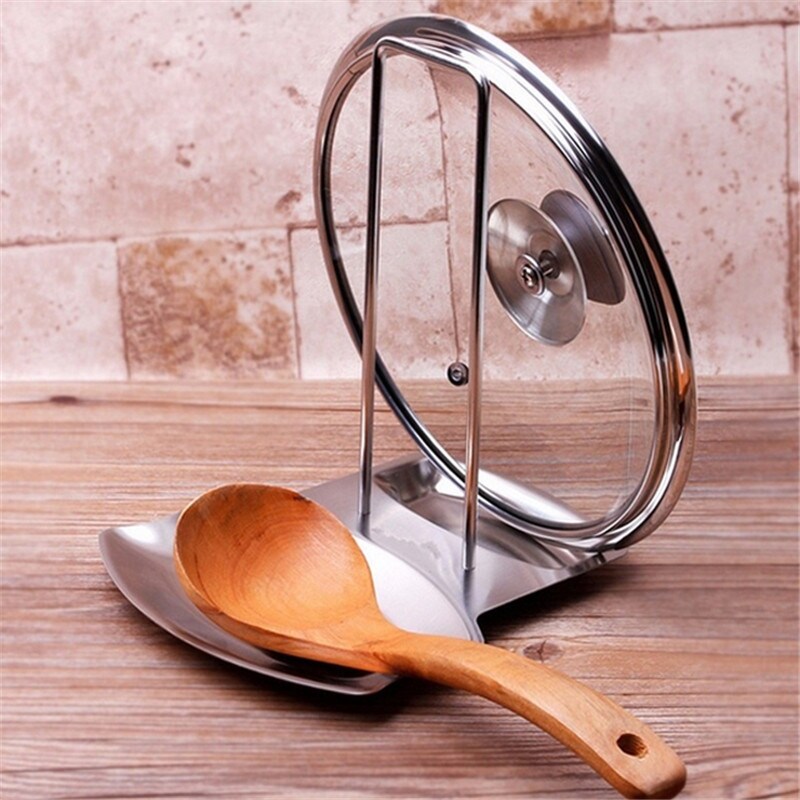 Gambar Stainless Steel Pan Pot Cover Stand Silver Color Soup Spoon Holder Drain Rack Stove Organizer Storage Kitchen Accessories