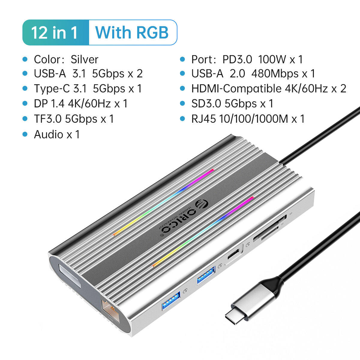 Trạm Sạc USB C Bộ Chia USB C Orico 12 Trong 1 Kép Với Hai Cổng HDMI 4K VGA DP Ethernet 1gbps Đèn RGB