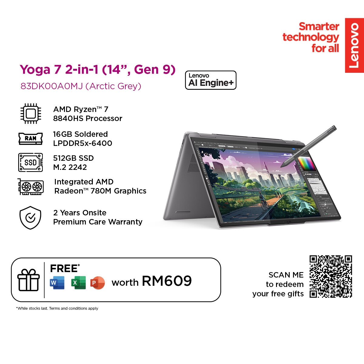 Lenovo Yoga 7 14AHP9 83DK00A0MJ 14" WUXGA IPS 2-in-1 Touch Laptop Grey (Ryzen 7 8840HS, 16GB, 512GB SSD, ATI, W11, HS )