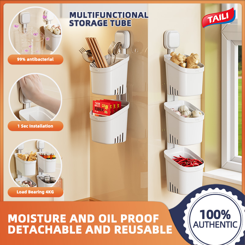 【Antibacterial】TAILI Suction Cup Kitchen onion, ginger and garlic storage box multi-functional storage artifact wall ginger hanging basket wall hanging suction cup storage rack ราคา 126 บาท*ส่งฟรี