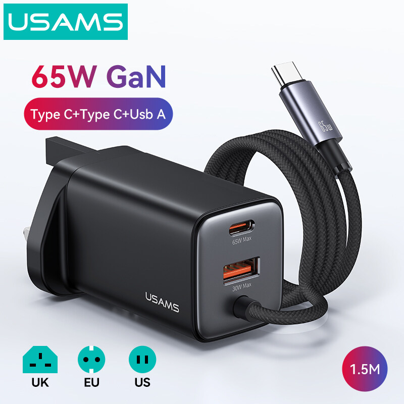 USAMS 65W GaN Wall Charger 3-Port PD Fast Charger UK/US/EU Plug Quick Charge 2C1A 2 Type C 1 USB A Charger with 1.5m Cable Travel Charger Portable for Sasmusng iPhone Xiaomi Huawei