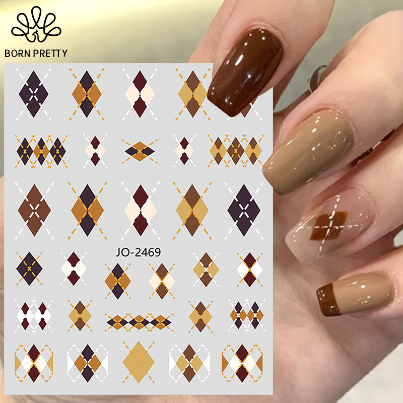 BORN PRETTY Autumn and Winter Caramel Grid 3D Nail Sticker Brown Grid Gold
