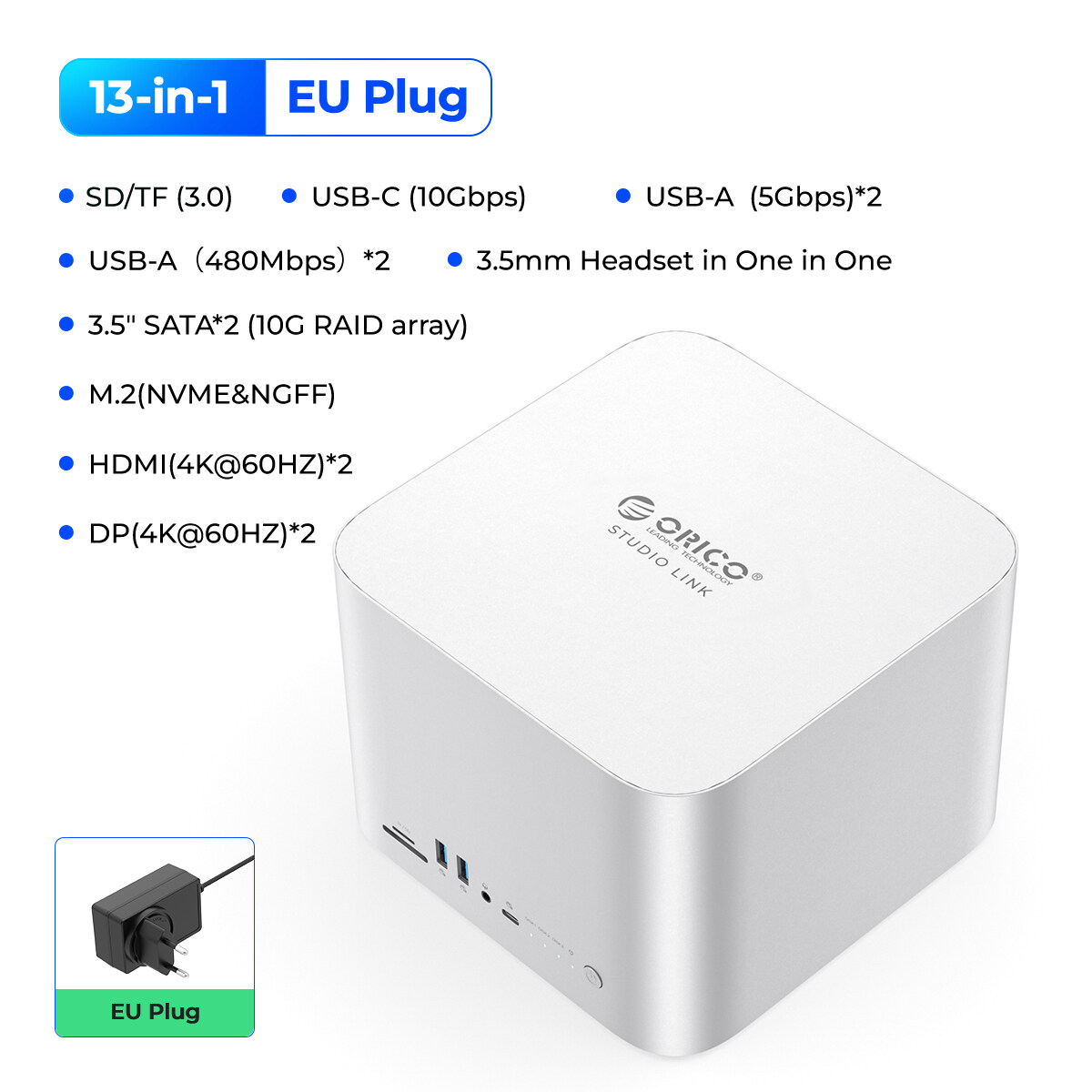 ORICO studiolink USB C HUB Vỏ ổ HDD cho 3.5 Sata 44TB NVMe M.2 SSD vỏ ổ HDD dp4k 60Hz SD/tf3.0 trạm
