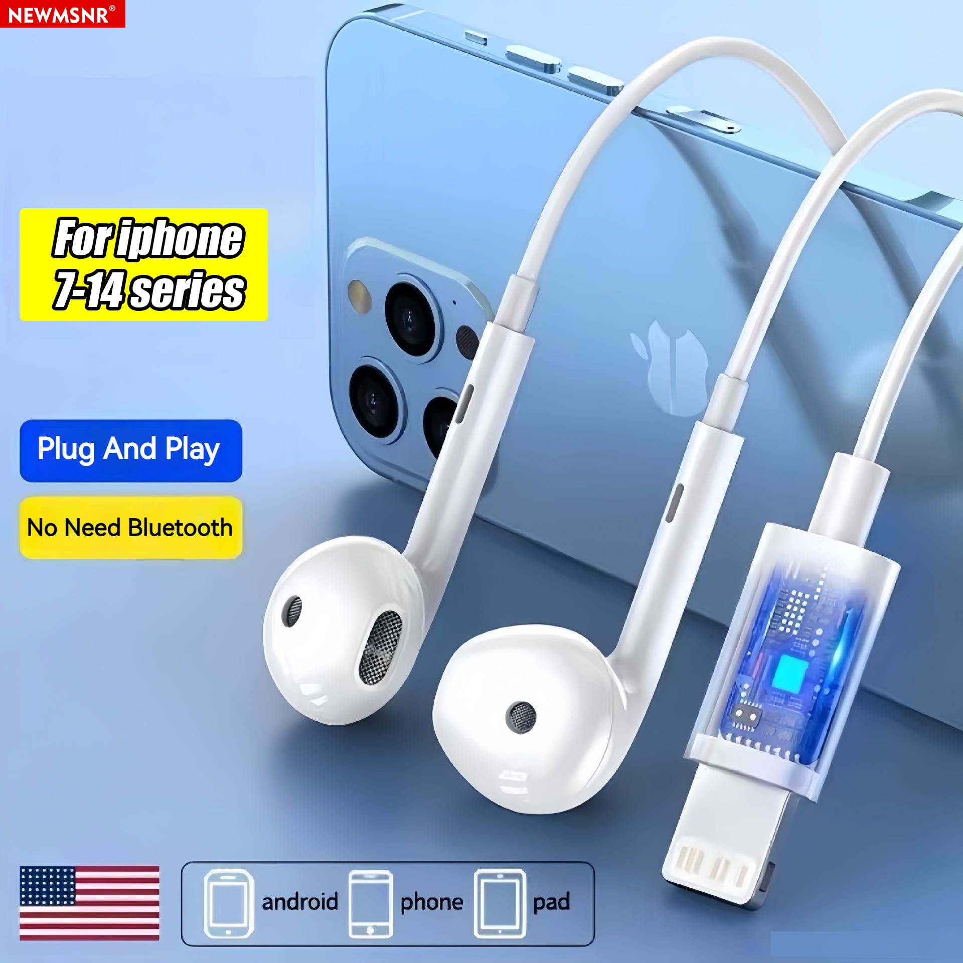 Newmsnr Lighting Wire Earphone With HD Microphone Earphones HiFi Surround Bass In Ear Headphones For iPhone 14/13/12/11/8/7 Pro Max/XR/XS/X etc