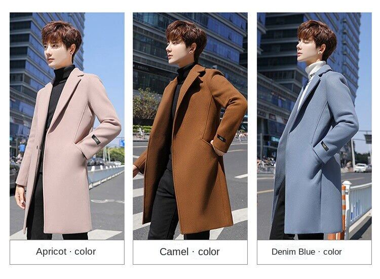 Mens coat autumn and winter trench coat mens mid-length student Korean style woolen coat plus cotton padded woolen coat tide