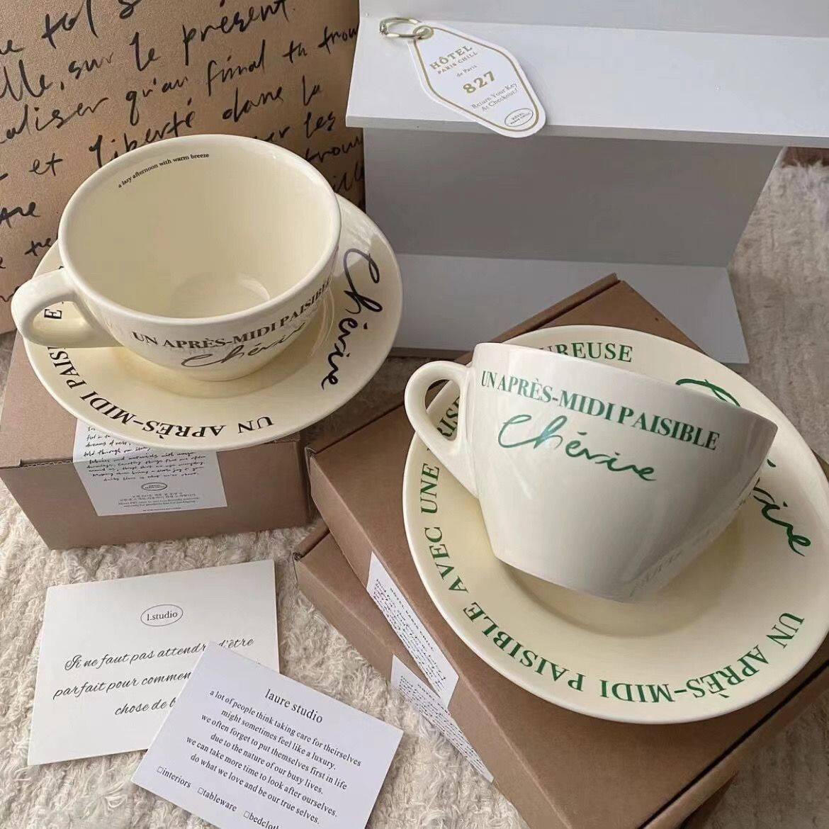 Gambar Korean Ins with the Same Retro French Cream Coffee Cup and Saucer Set Breakfast Cup Mug Ceramic Bowl Plate