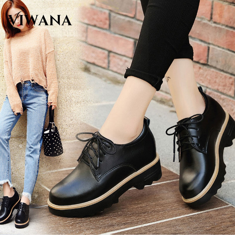 VIWANA Oxfords Shoes Women Black Leather 6CM Wedges Shoes For Women Korean