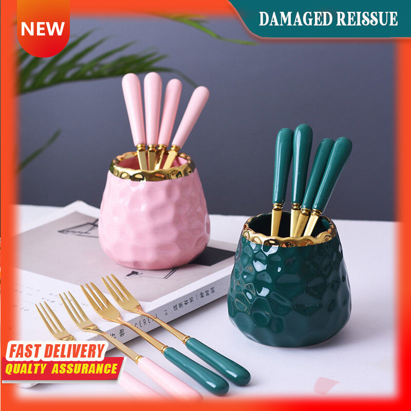 Gambar Fork Spoon Jar Stainless Steel Ceramic Handle Fruit Fork Set Cake Dessert Fork