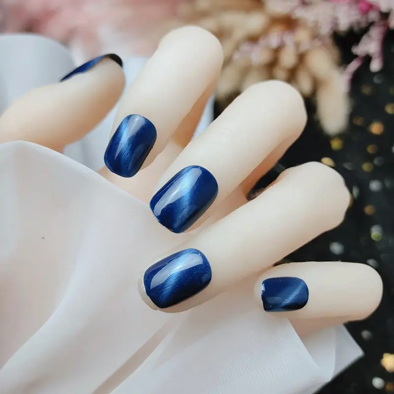 24pcs Royal Blue Aurora Effect Short Fake Nail Patches Winter Autumn Wedding Bridal Nails Set Lazada Singapore