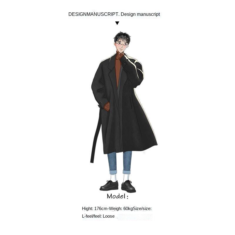 Japanese windbreaker mens long type thick warm woolen coat mens trendy men loose woolen coat woolen cloth Korean style