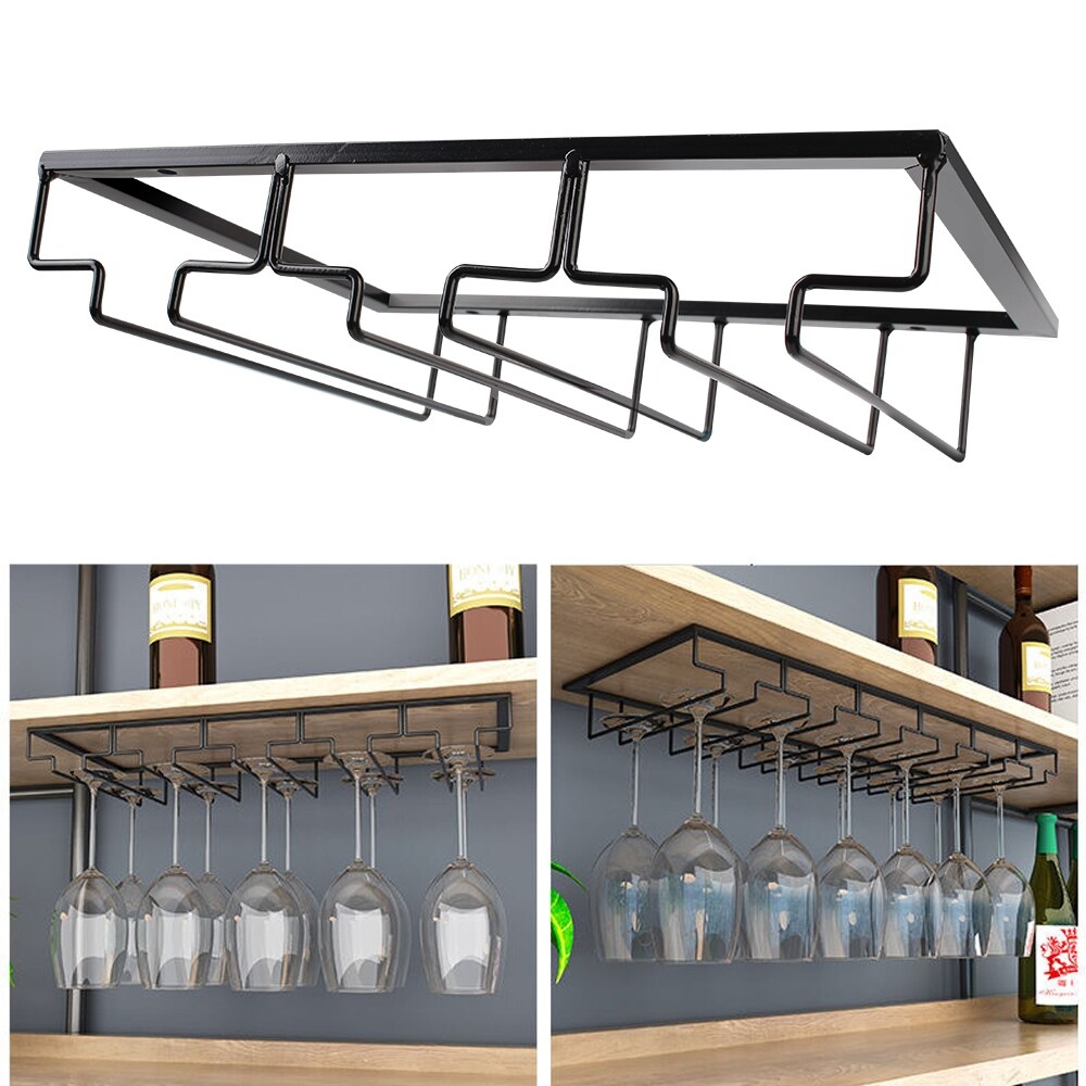 Gambar Under Cabinet Stemware Stand Hanging Shelf Bar Hanger Iron Wine Rack Glass Holder Glass Goblet Iron Rack Bar Tool