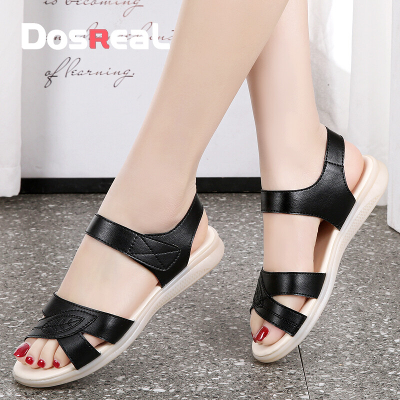 DOSREAL Black Sandals for Women Korean Sandals Big Size 35-41 Classy Leather Ladies Walking Sandals Fashion Summer Flat Sandals ราคา 552 บาท*ส่งฟรี