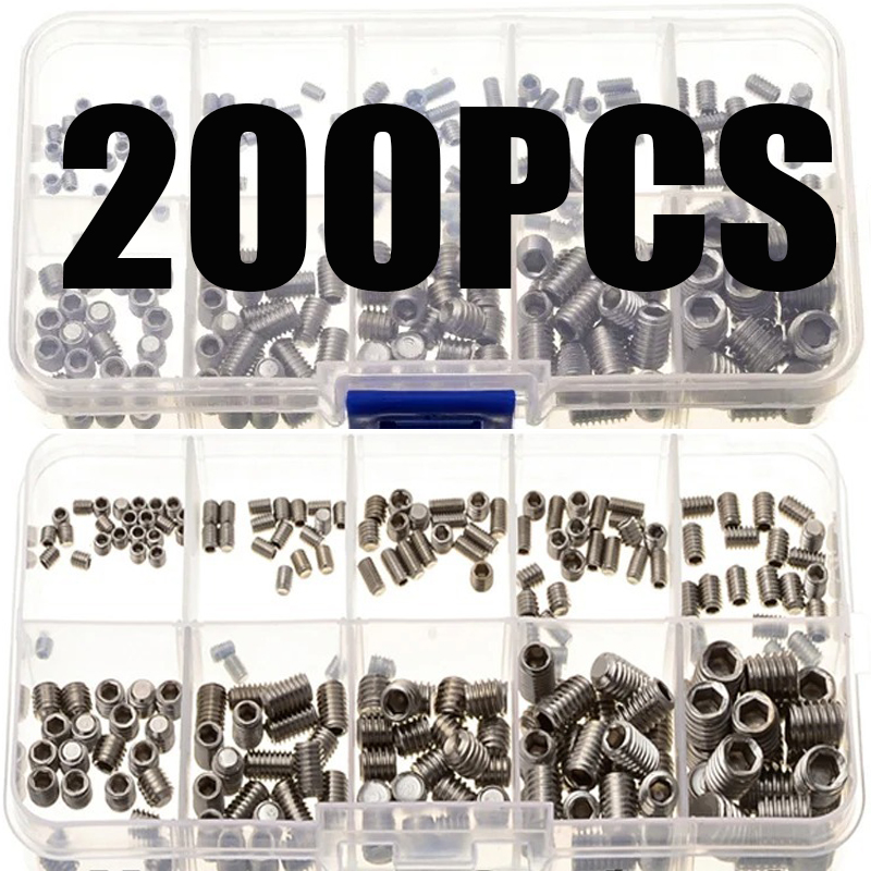 200pcs thép không gỉ ổ cắm đầu Allen Hex thiết lập vít cấy loại cốc điểm m3/M4/M5/m6/m8 kèm hộp nhựa