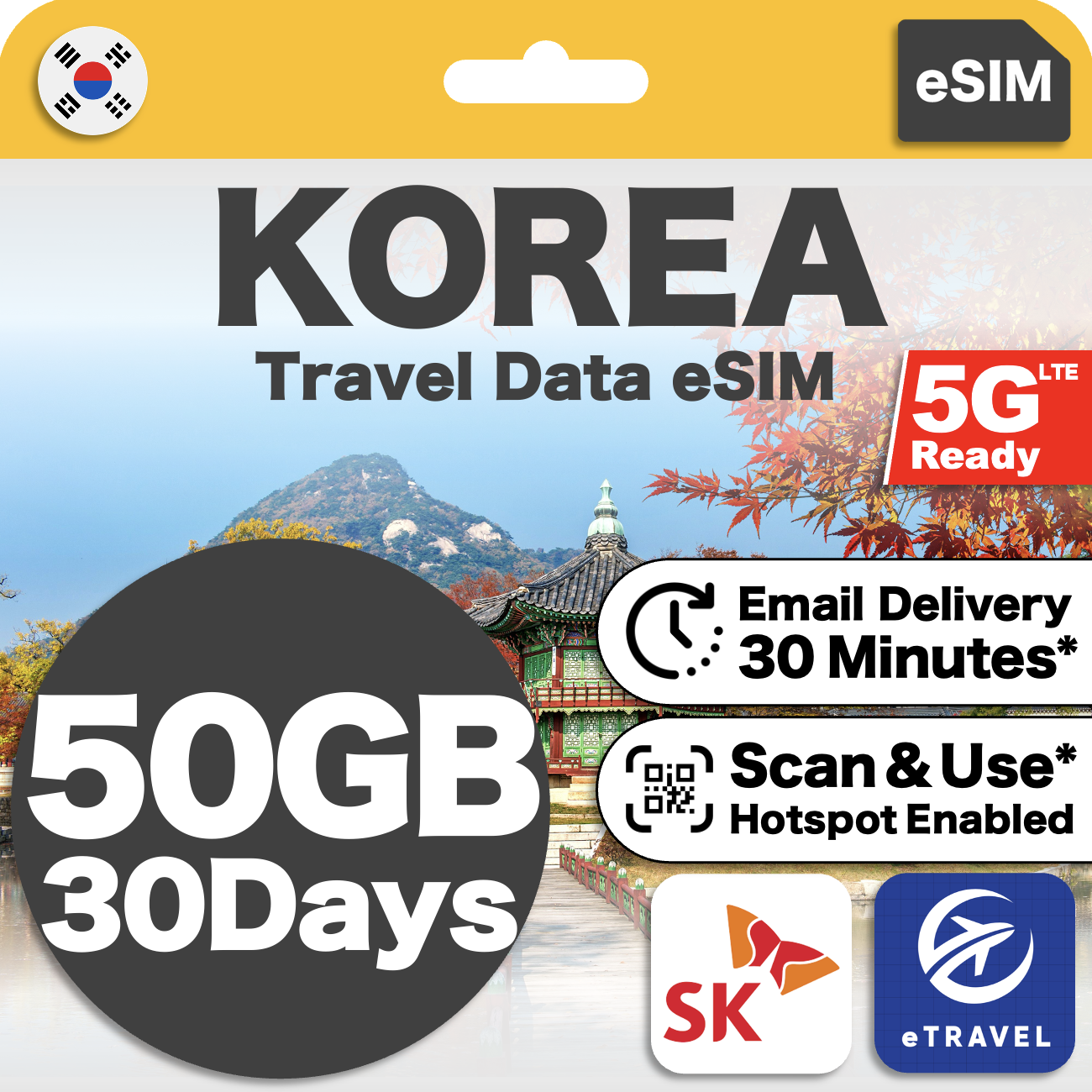 eSIM Korea SKT 5G Unlimited Data | eTravel Seoul Busan Incheon Daegu etc - Jenama eTravel Harga 39 Ringgit*Penghantaran Percuma