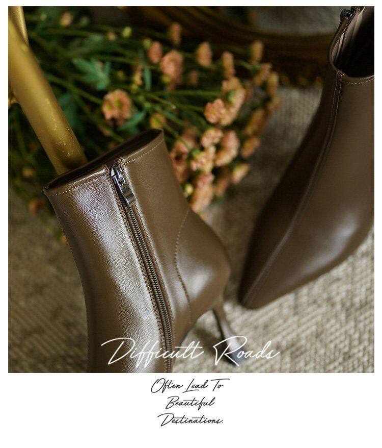 Brown high heels short boots female autumn and winter plus velvet genuine leather sheepskin soft leather small heel white pointed sheepskin stiletto heel skinny boots