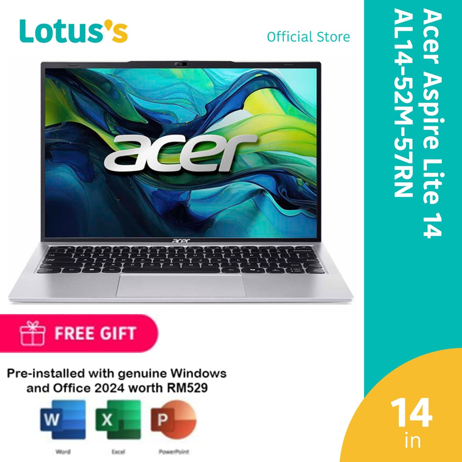 Acer Aspire Lite 14 AL14-52M-57RN Laptop Pure Silver (i5-1334U,16GB,512GB,14",W11,H&amp;S+M365)