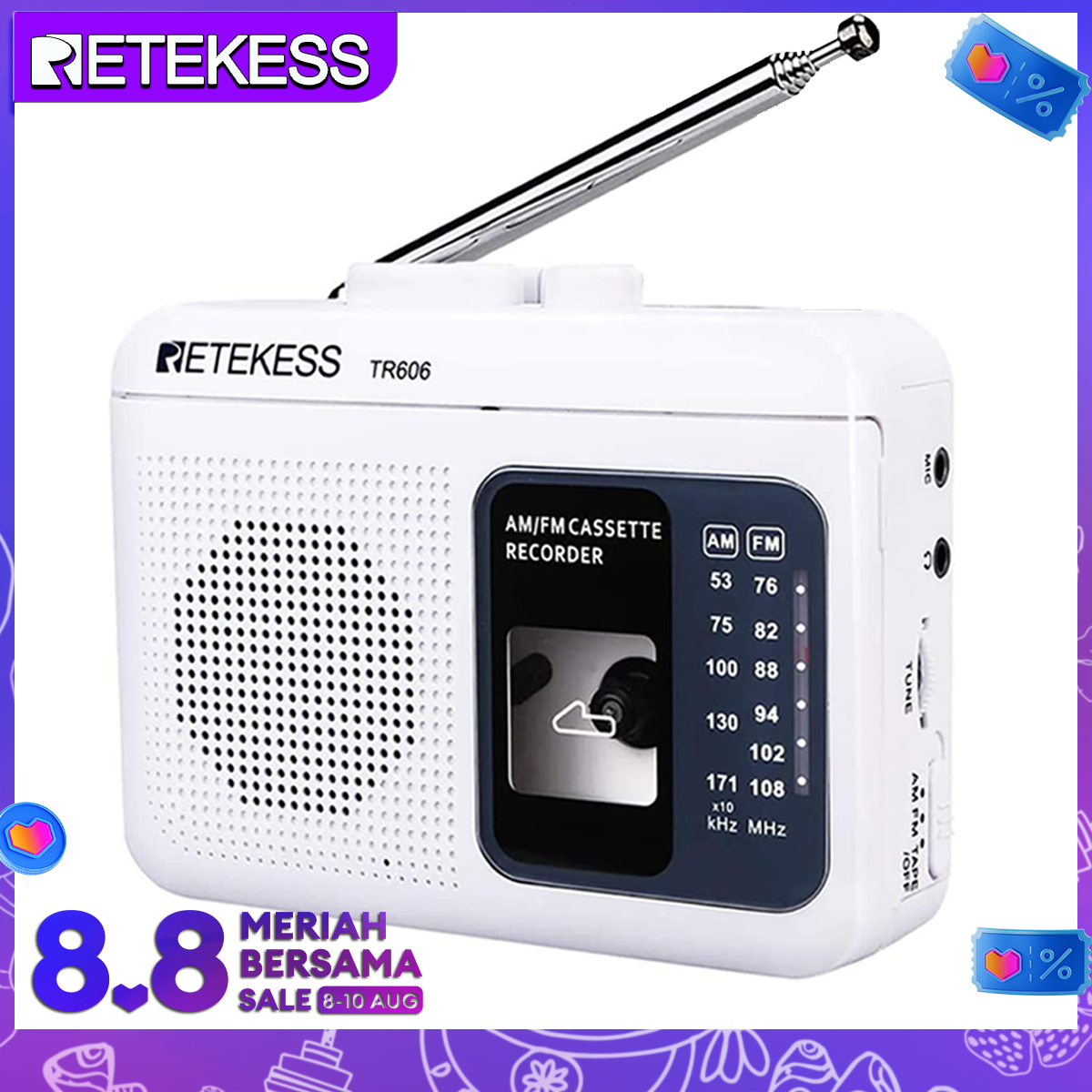 Retekess Máy Ghi Âm Đài Phát Thanh Cassette TR606 Đài Phát Thanh FM/AM Di Động, Máy Phát Băng, Hỗ Trợ Đầu Vào AUX Tích Hợp/Ghi Âm Micrô Bên Ngoài (Màu Trắng)