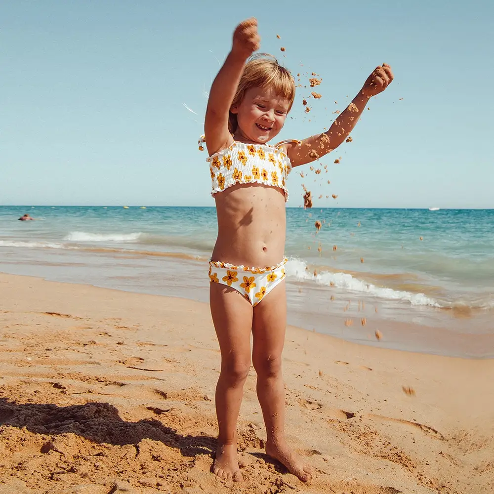 yellow smocked bandeau bikini