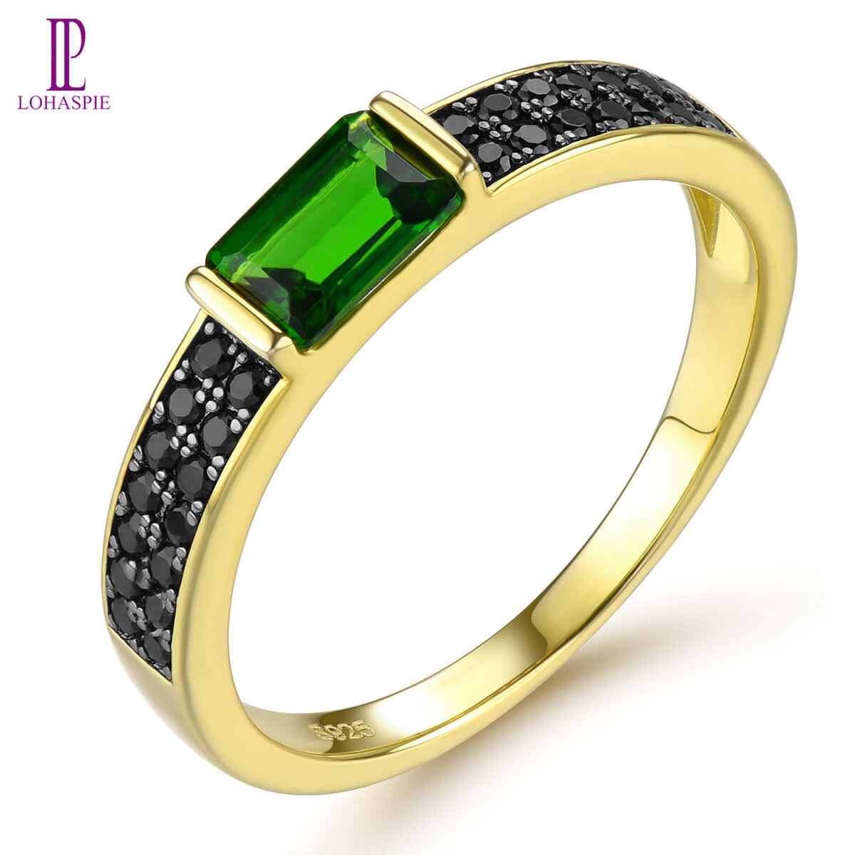 Lohaspie Đồ Trang Sức Tinh Khiết 925 Bất Sterling Vòng Tròn Bạc Màu Xanh Lá Cây Tự Nhiên Chrome Diopside Nhẫn mạ Vàng Phụ Nữ Nhẫn Bạc Món Quà Sinh Nhật 925 Bạc Engagement trang sức nhẫn