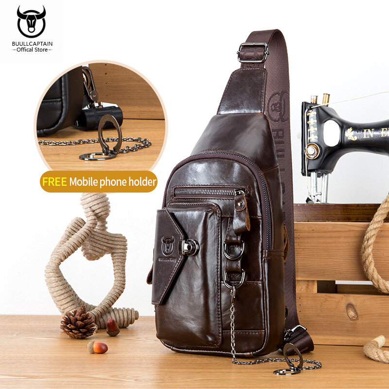 BULLCAPTAIN Túi Đeo Ngực Bằng Da Móc Khóa Điện Thoại Di Động 7 Inch Đa Năng Hoài Cổ Thường Ngày Cho Nam Túi Đựng Điện Thoại Túi Đeo Chéo Một Bên Vai