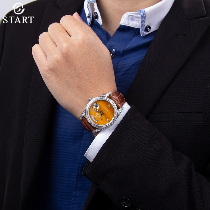 【START】Tiger Eye Stone Men's Watch Luxury Diamond Watch Waterproof Date Week Function Automatic Mechanical Watch Butterfly Buckle Alligator Leather Strap ราคา 29,159 บาท*ส่งฟรี