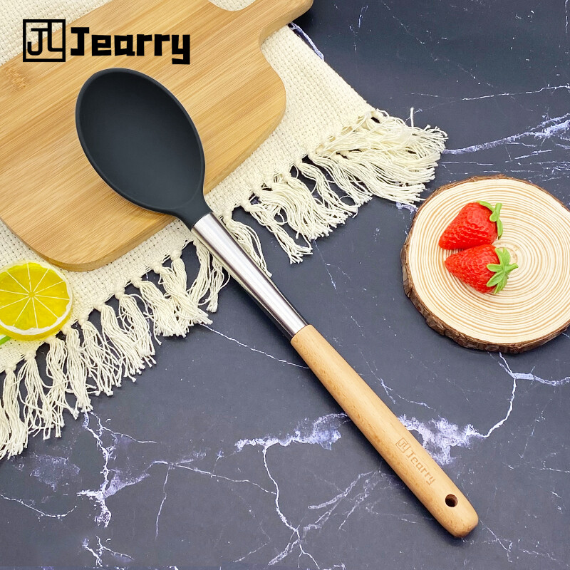 Gambar Jearry Stainless Steel Sicilone Ladle Wooden Handle Heat Resistant Food Grade Cookware