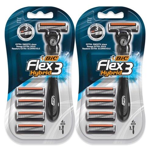 Bundle of 2 BIC Flex 3 Hybrid Shaver 1 Handle + 4 Blades Razor Cartridges