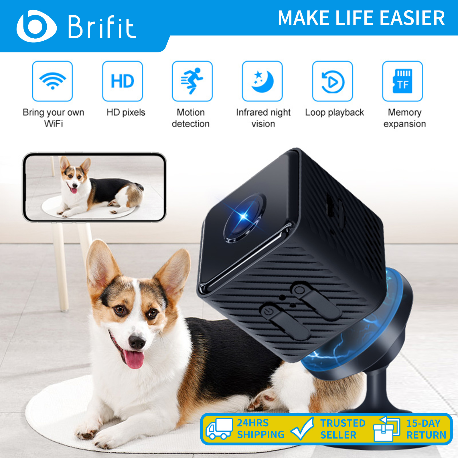 Brifit HD 1080p Mini Wifi Camera, Portable Home Security Surveillance Camera with 360° Rotating Stand, Hidden Night Vision Detector, Motion/Sound Detection Alarm Function, Built-In 450mah Battery, Suitable for Indoor, Sports, Driving Recording ราคา 383 บาท*ส่งฟรี