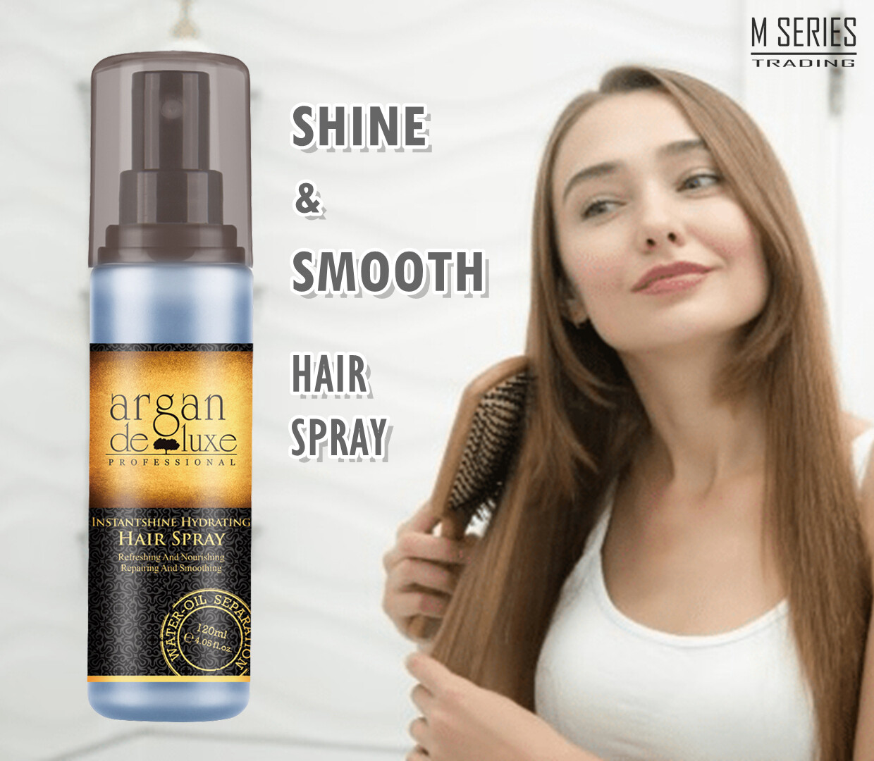 Gambar ARGAN DELUXE Instant Shine Hydrating Hair Spray 120ml  **************hair serum ,hair oil, hair spray,hair treatment,smooth hair,damage hair,repair hair,minyak rambut,argan oil,soft hair,moisture,conditioner,shampoo,fizzy,hair mask,hair cream,hair watsons