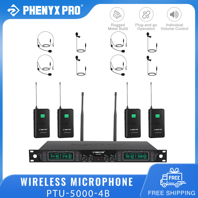 Phenyx Pro PTU-5000-4B Wireless Microphone System 4-Channel UHF Wireless Mic Set with 4*Bodypack/Headset/Lapel Mics Fixed Frequency Metal Microphone for Church Stage Performances ราคา 8,706 บาท*ส่งฟรี