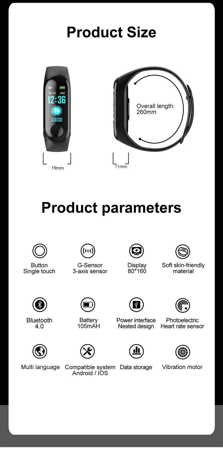 Newest Smart bracelet M3 Sports Blood Pressure Oxygen Heart Rate Monitor Watch Message Caller Smart Band PK For Xiomi mi band 3 (14)