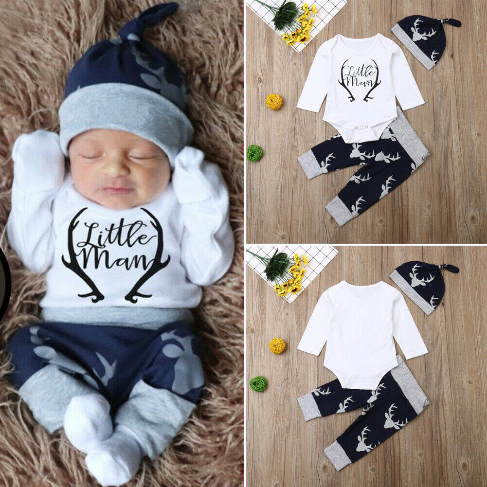Newborn Infant Baby Boy Clothes Long Sleeve Romper,Deer Plaid Pant Little Man Hat 3Pcs Outfits Set 
