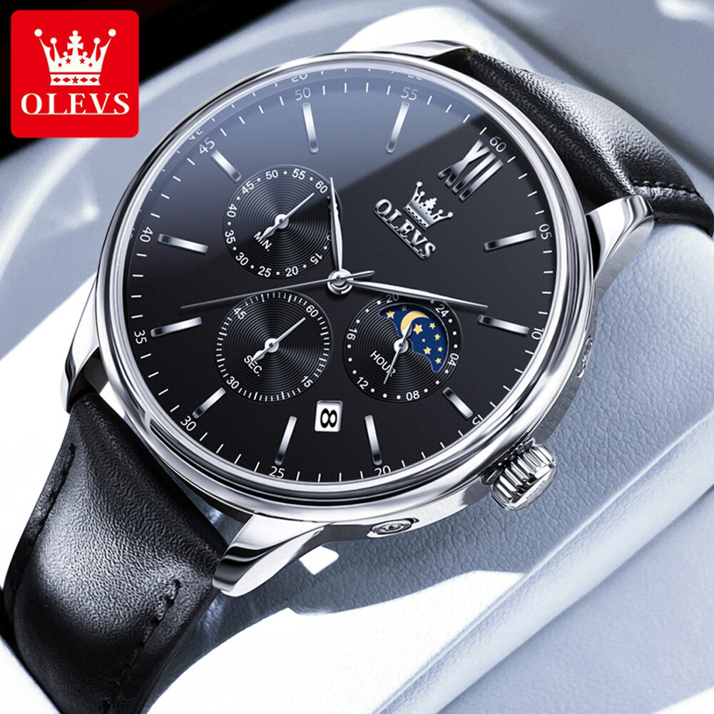 OLEVS Men's Casual Watch Business Style Cool Original Authentic Waterproof Quartz Leather Strap Chronograph Calendar (1 Year Warranty)