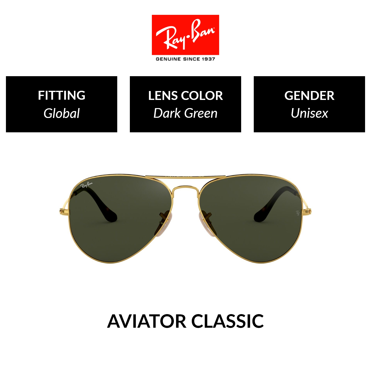 Sunglasses Ray-Ban Aviator Metal Gold G15 RB3025 181 62-14 in