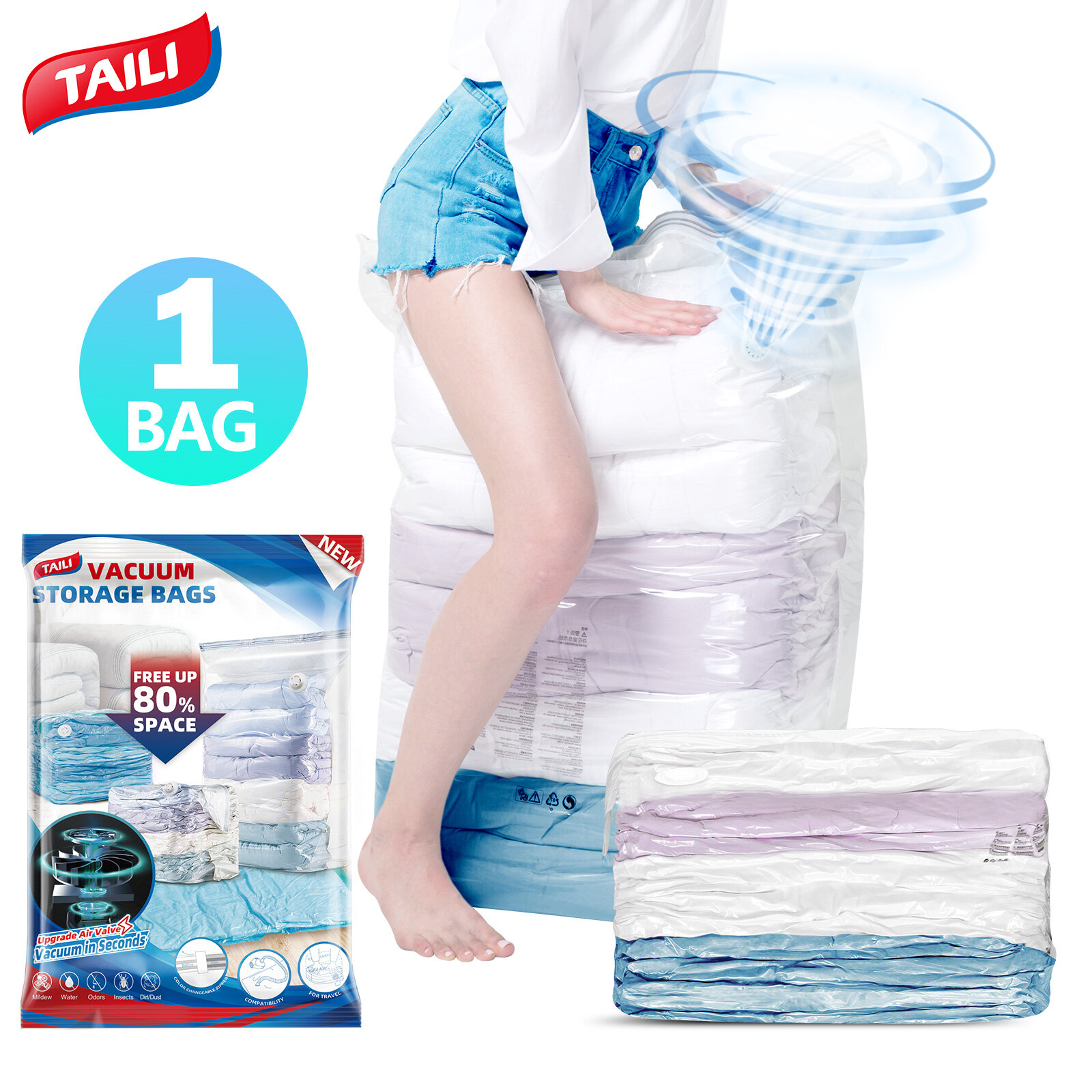 TAILI 4PCS Vacuum Compression Bag Travel Space Saver Compressed Storage Bags No Pumps Needed ราคา 102 บาท*ส่งฟรี