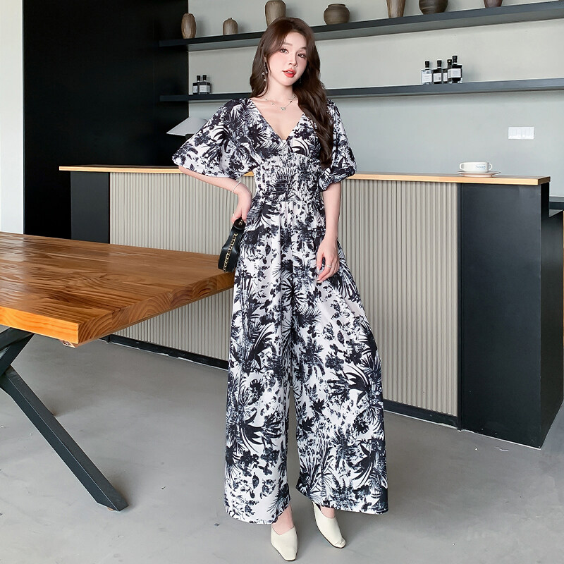 Ấn tượng thời trang hàng hiệu cho phụ nữ thanh lịch v-cổ ngắn ống tay phồng áo dài thắt ngang lưng in họa tiết eo cao Jumpsuit ống rộng dài