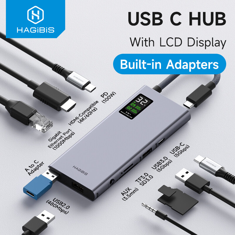 Hagibis USB C Hub With LCD Display Type C Multiport Adapter 4K HDMI-Compatible Tunderbolt 3/4 100W PD Gigabit Ethernet USB3.0 High Speed Transmission For Macbook Pro iPad HUAWEI MateBook Cell Phone Connects To U Disk/SD/TF Data Transfer