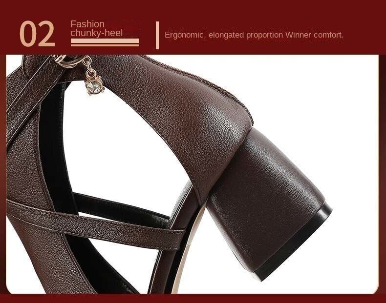 Genuine leather high-end sandals for women 2022 summer new high heel Roman style shoes peep toe chunky heel mom sandals for women Mid Heel