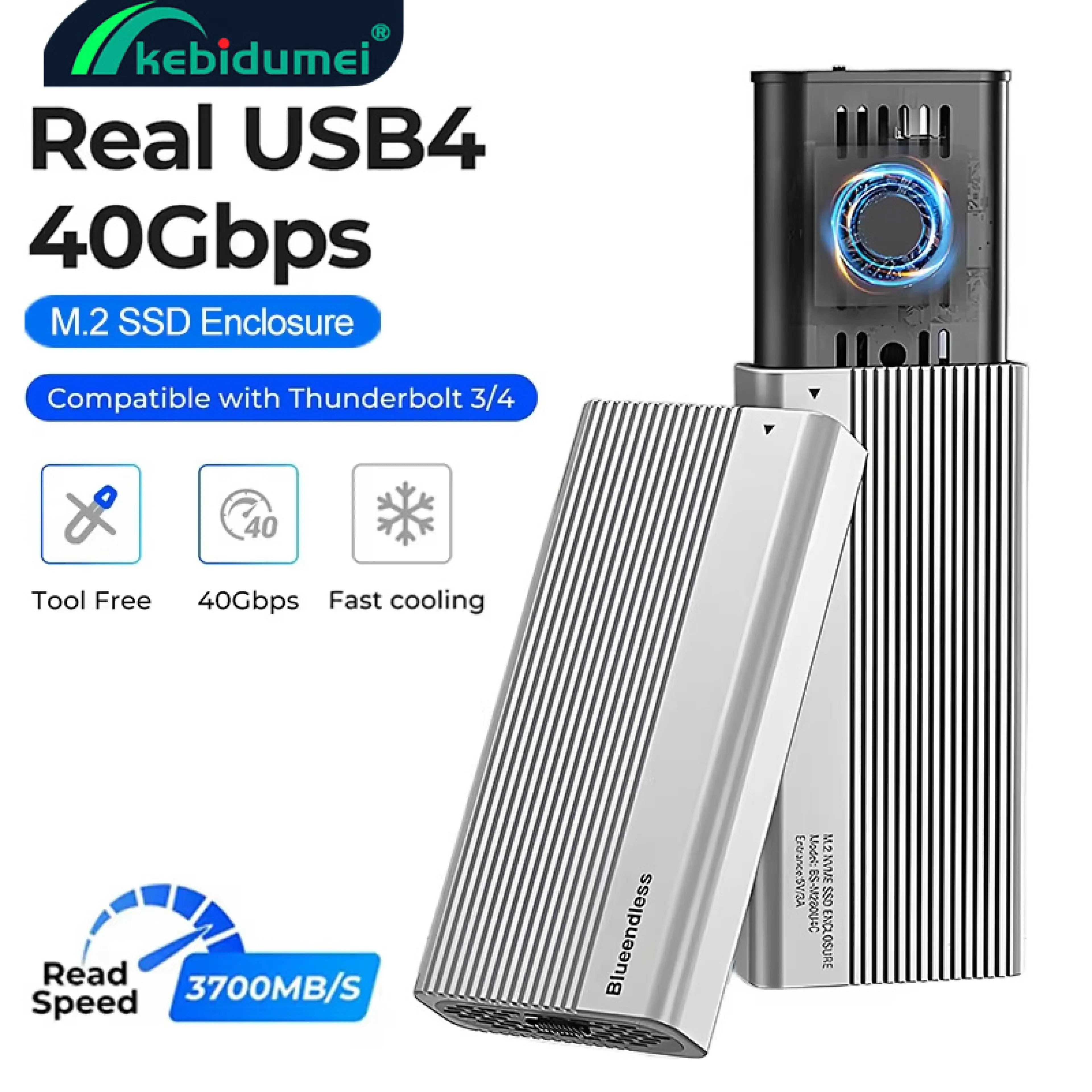 Kebidumei 40Gbps USB4 M.2 SSD Enclosure with Cooling Fan 8TB Aluminum NVME Enclosure Compatible Thunderbolt 3/4 for Laptop