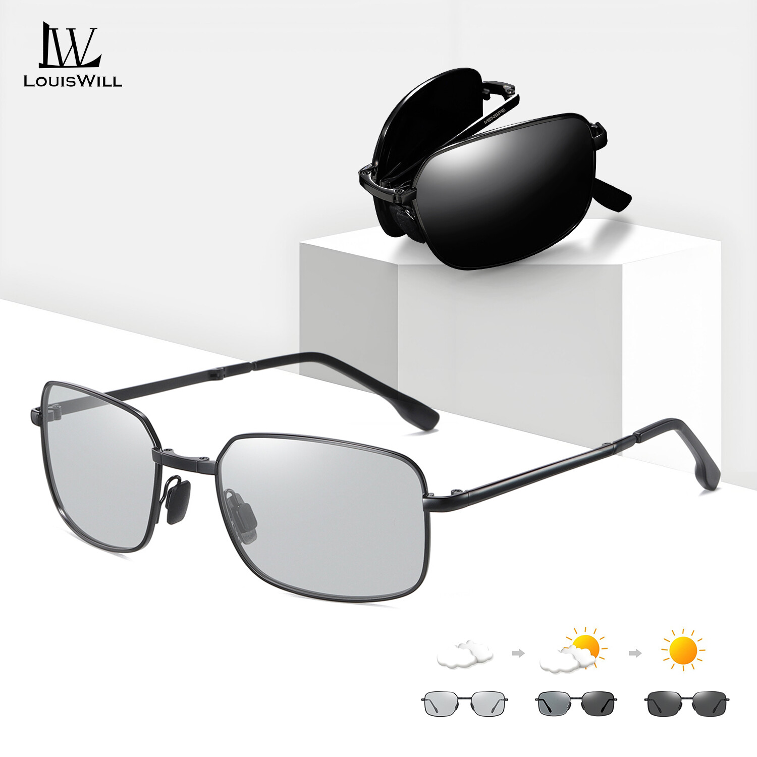 LouisWill Photochromic Sunglasses Foldable Men Women Polarized Chameleon Glasses Driving Goggles Anti-glare Sun Glasses Night Vision Lens UV Protection Chic Retro Sun glasses ราคา 159 บาท*ส่งฟรี