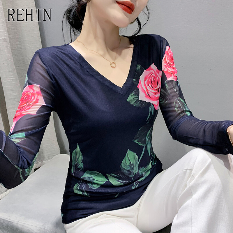 Rehin áo nữ áo thun tay dài in hoa lưới thời trang mùa thu áo cánh thanh lịch mỏng và mỏng cổ chữ v