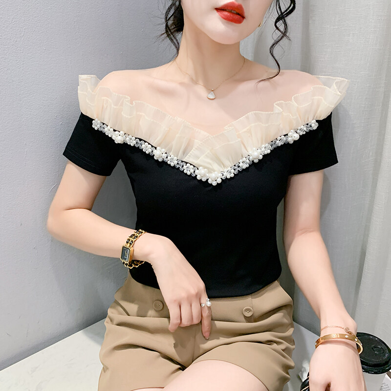 YIMEI Áo Thun Cotton Đẹp Cho Nữ Áo Thun Màu Đen 2023 Cộc Tay Mới Mùa Hè Viền Tai Gỗ Áo Đính Hạt Cổ Chữ V Gợi Cảm Thời Trang Hàn Quốc Cho Nữ