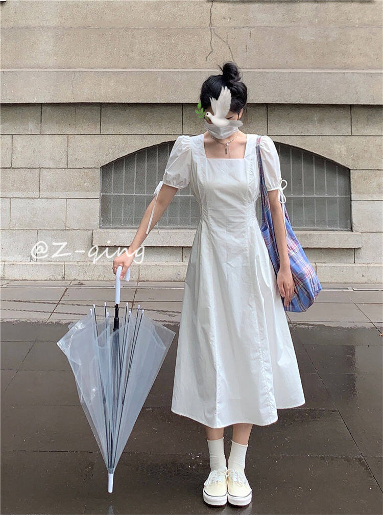 French style square collar puff sleeve dress design niche temperament slim fit gentle first love backless white fairy skirt