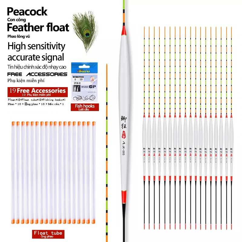 18 chiếc phao câu cá lông công + 1 móc túi + 1 phao ghế phao phao câu cá chép phao câu đứng dụng cụ phụ kiện câu cá