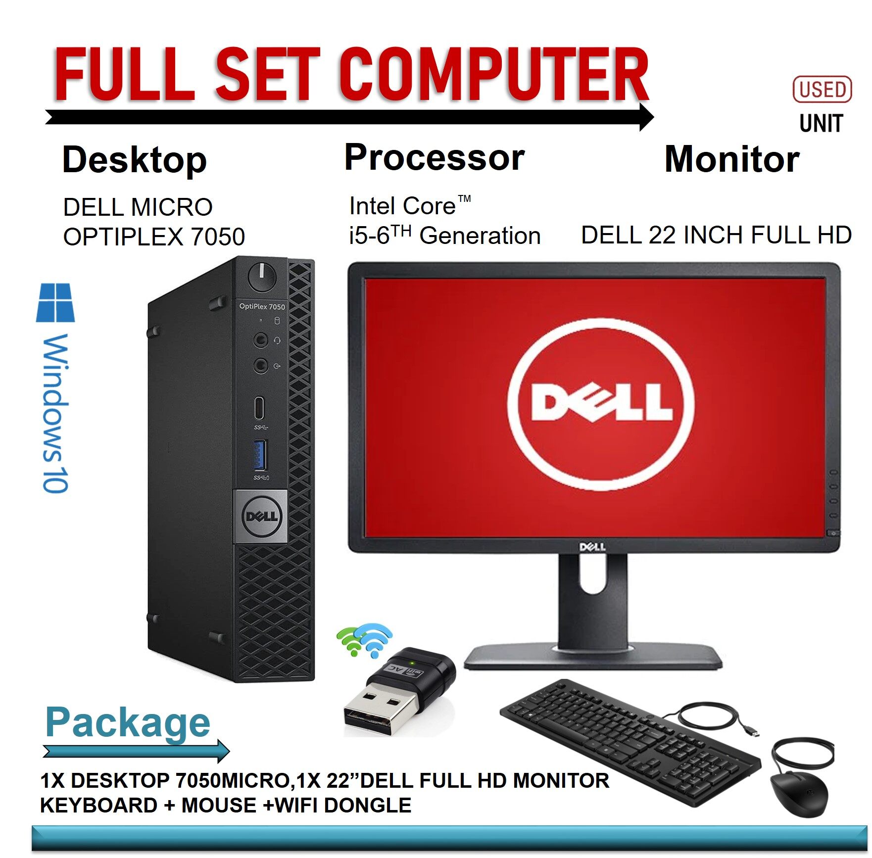 PC Full Set Computer, DELL DESKTOP MICRO OPTIPLEX 7050 BUSINESS i5-6500T  With 22
