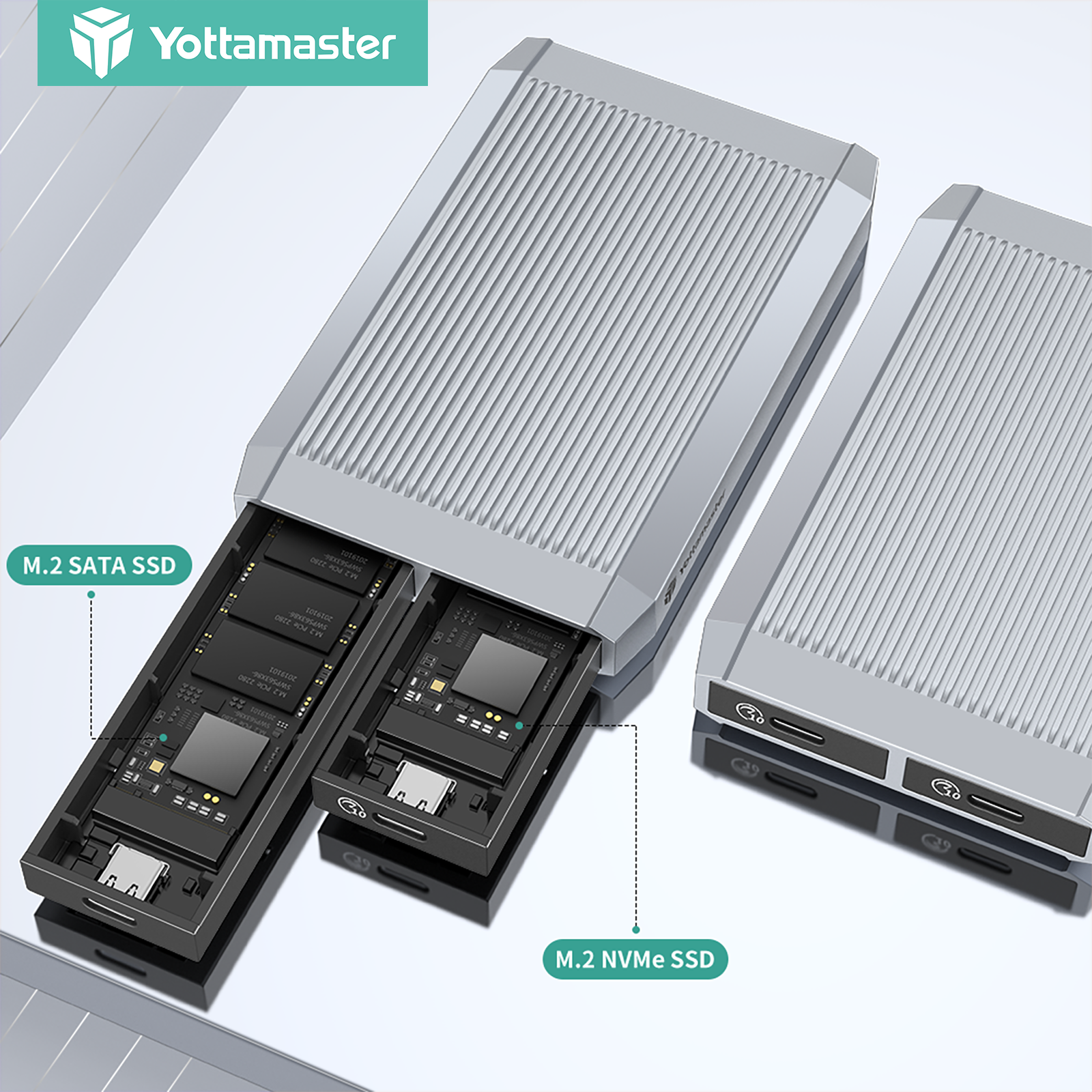 Yottamaster 10Gbps Dual Bay SSD case for M.2 NVMe PCIe / NGFF SATA SSD USB 3.1 Gen2 Compatible with M and B&M Keys ราคา 1,294 บาท*ส่งฟรี